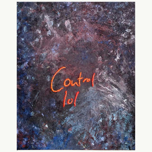 "Control Lol von Meike Legler, Textilkunst mit Chlor-Effekten und Acrylfarbe auf Stoff, 50x40 cm, verfügbar bei Kunstohneende"