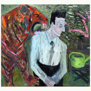 "Dentales Missverständnis von Pia Weissinger, Ölgemälde mit brüllendem Tiger und Gießkanne, 67x80 cm"