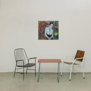 "Dentales Missverständnis von Pia Weissinger, Ölgemälde mit brüllendem Tiger und Gießkanne, 67x80 cm"