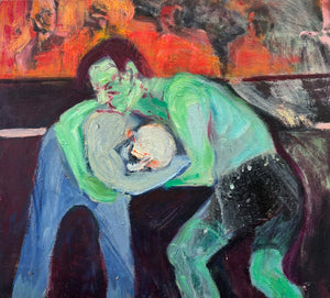 Deodorant von Pia Weissinger, Ölgemälde auf Holz, zwei ringende Figuren mit grüner Haut, expressiv und ironisch, 41x43 cm