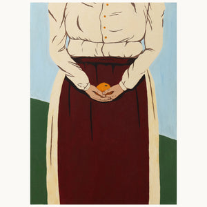 Ölgemälde Jolanda Rendl Dust Bowl Mother, Frau hält Orange vor dem Körper, Referenz Früchte des Zorns, figurative Malerei, Öl auf Baumwolle