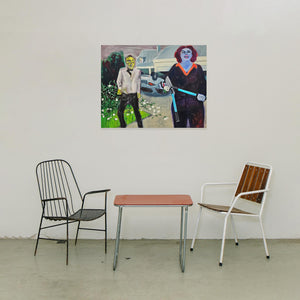 "I wanna lay you down on a bed of roses von Pia Weissinger, Ölgemälde, blaue Frau mit Gartenschere vor Autounfall, 80x100 cm"