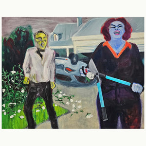 "I wanna lay you down on a bed of roses von Pia Weissinger, Ölgemälde, blaue Frau mit Gartenschere vor Autounfall, 80x100 cm"