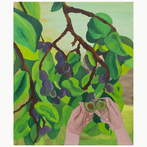 Art Print Jolanda Rendl Zwetschken, Hände öffnen Pflaume mit Kern, lila Früchte am Zweig, grünes Laub, Kunstdruck