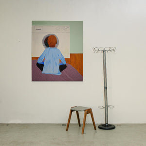 Ölgemälde Jolanda Rendl, Mann sitzt vor Waschmaschine, Rückenansicht, Alltagsszene, Öl auf Baumwolle