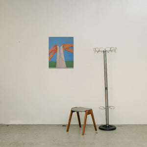 Ölgemälde Jolanda Rendl, vier Hände halten weißes Tuch, Decke ausschütteln, blauer Himmel grüne Wiese, figurative Malerei