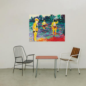 "Ozean in Gutramsdorf von Pia Weissinger, Ölgemälde mit drei Figuren im Wasser, farbintensiv und ironisch, 90x120 cm"