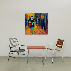 Streetstyle von Pia Weissinger, expressives Ölgemälde, schreiende Frau mit Einkaufstaschen und Baby, Konsumkritik, bunter Hintergrund mit Figuren