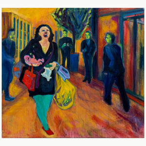 Streetstyle von Pia Weissinger, expressives Ölgemälde, schreiende Frau mit Einkaufstaschen und Baby, Konsumkritik, bunter Hintergrund mit Figuren