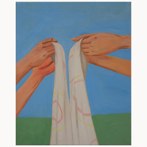 Ölgemälde Jolanda Rendl, vier Hände halten weißes Tuch, Decke ausschütteln, blauer Himmel grüne Wiese, figurative Malerei