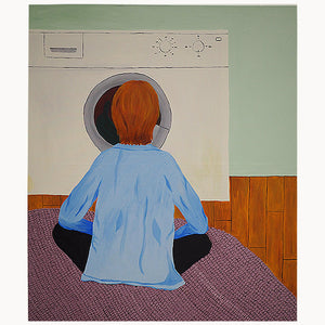 Ölgemälde Jolanda Rendl, Mann sitzt vor Waschmaschine, Rückenansicht, Alltagsszene, Öl auf Baumwolle