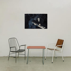 "Da-da-da-damm...blim von Pia Weissinger, Ölgemälde, Pianist am Flügel mit geisterhaftem Komponisten-Gesicht, dunkel und unheimlich"