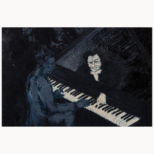 "Da-da-da-damm...blim von Pia Weissinger, Ölgemälde, Pianist am Flügel mit geisterhaftem Komponisten-Gesicht, dunkel und unheimlich"