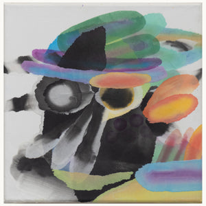 Abstraktes Porträt June Hwajung, Self-Portrait #2, bunte organische Formen (grün, lila, schwarz), Tusche auf koreanischem Papier, Collage, Queer Art